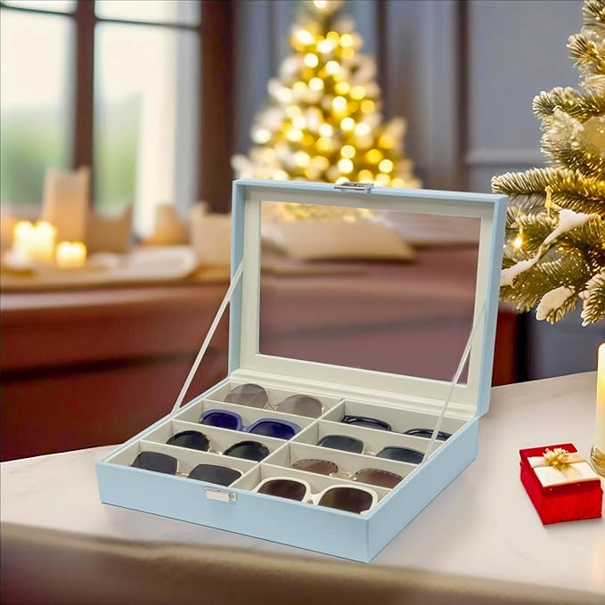 UnionPlus 8-Slots Sunglasses Case Organizer, Eyeglass Glasses Display Holder Collector, Multiple Sunglasses Storage Case, Lychee Blue