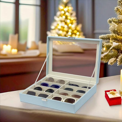 UnionPlus 8-Slots Sunglasses Case Organizer, Eyeglass Glasses Display Holder Collector, Multiple Sunglasses Storage Case, Lychee Blue