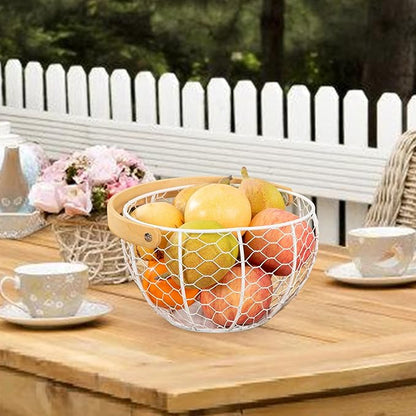 Farmhouse Wire Egg Basket for Gathering Fresh Eggs with Wooden Handle, Vintage Style Metal Egg Collecting Basket Countertop Storage Container Holder for Kitchen Decor and Fruit Bin (White)