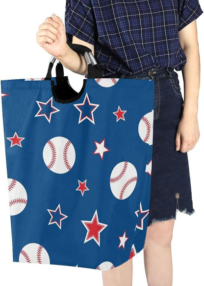 Laundry Hamper Basket Blue Baseball Stars Storage Basket Collapsible Clothes Hamper with Handle Decorative Organizer Bins Basket for Dirty Clothes Living Room Bathroom