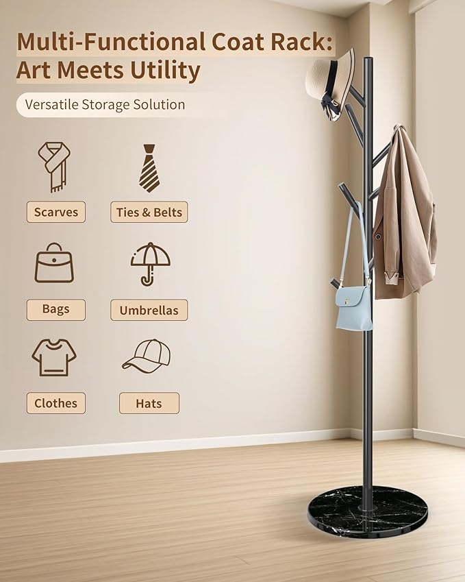 Modern Coat Rack Stand, Metal Freestanding Coat Rack with Natural Marble Base, Black Coat Racks with 8 Hooks and Coat Hanger Tree Jacket Stand for Office, Entryway, Hallway