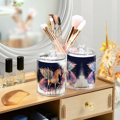 MNSRUU 2 Pack Qtip Holder Organizer Dispenser Cute Unicorn Pink Bathroom Storage Canister Cotton Ball Holder Bathroom Containers for Cotton Swabs/Pads/Floss