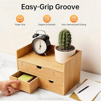 Bamboo Desk Organizer, 100% Original Mini Bamboo Desk Drawer Tabletop Storage Organization Box 3 Drawer Storage Organizer for Office Home Toiletries Supplies No Assembly Required