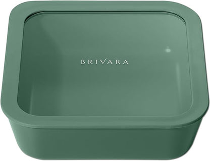 Ceramic Coated Glass Food Storage Container | No PTFE, PFOA, PFAS, and BPA | Reusable Non Toxic Meal Prep Container with Glass Lid | Easy To Store | 8 Cup Square [Pine]