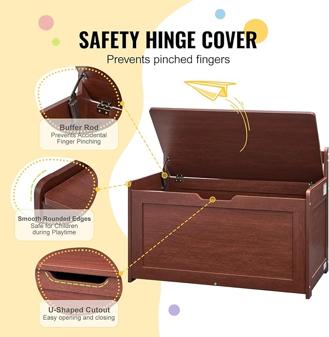 VEVOR Wooden Toy Chest for Kids, Toddler Toy Storage Box with Flip-Top Lid and Safety Hinge, 32.68 x 17.91 x 24.02 Large Kids Storage Bench for Playroom, Bedroom, Living Room or Entryway, Cherry