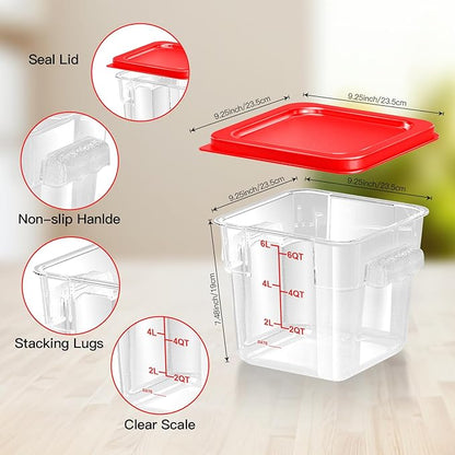 FeyBuosk 4 pcs 6qt Food Storage Containers with Lid, Square Clear Commercial Food Storage Containers with Handle and Scale for Food Storage in Home Kitchen & Dining (Red)