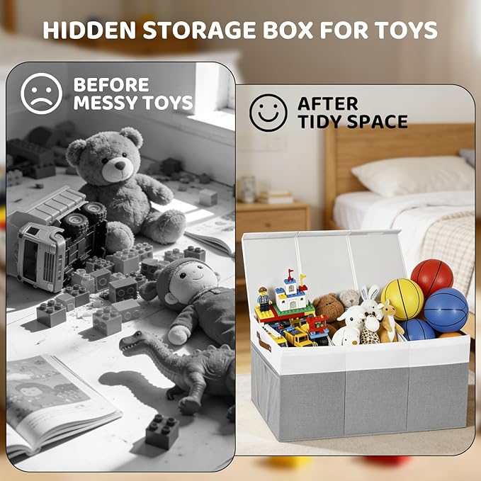 Extra Large Toy Chest, Foldable Storage Box, Large Storage Bins With Lids, Suitable for living rooms, studies, bedrooms(40"X18"X14",White & Grey)