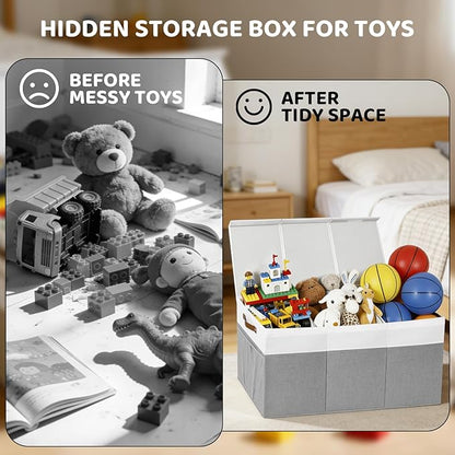 Extra Large Toy Chest, Foldable Storage Box, Large Storage Bins With Lids, Suitable for living rooms, studies, bedrooms(40"X18"X14",White & Grey)