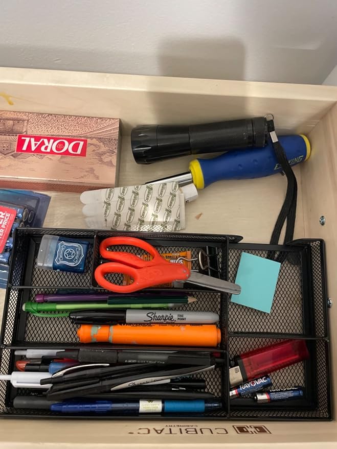 Desk Drawer Organizer Tray, Metal Mesh Drawer Office Drawer Organizer w/6 Compartment, Small Desk Organizer Tray for Home Office School Supplies, Desktop, 11X 6 X 1.45in, Black