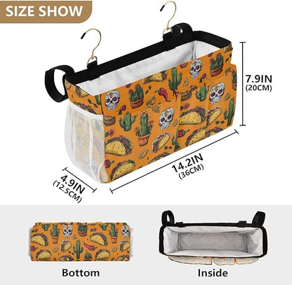 CuwrYet Bedside Caddy Hanging Bunk Bed Caddy Bed Organizer Hanging Pocket with 2 Hooks Bedside Storage Organizer Pocket Bag Holder Orange Mexico Tacos Chilis Skulls