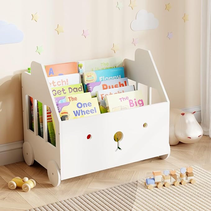 Wooden Kids Bookshelf, Toddler Montessori Bookshelf, Nursery Book Shelves with 4 Adjustable Dividers, Book Shelf for Kids Rooms, Nursery, Bedroom, Classroom and Playroom Storage