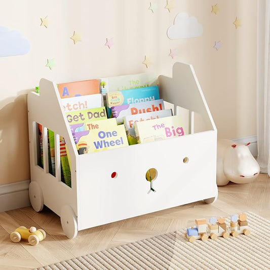 Wooden Kids Bookshelf, Toddler Montessori Bookshelf, Nursery Book Shelves with 4 Adjustable Dividers, Book Shelf for Kids Rooms, Nursery, Bedroom, Classroom and Playroom Storage