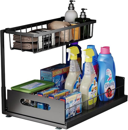 Under Sink Organizer, 2 Tier Pull-Out Cabinet Storage Shelf, Rust-Resistant Metal Organizer for Kitchen Bathroom Laundry Room, No Tools Installation, 1 Pack Black