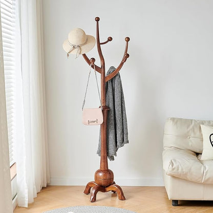 Wood Freestanding Coat Rack with 8 Hooks Wooden Hat Coat Tree Standing Clothes Hanger with Sturdy Sphere Base and Tree Branch Hooks 160lb Load Capacity for Entryway Hallway Bedroom, Walnut
