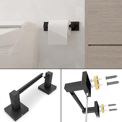 Ruacq Matte Black Toilet Paper Holder Towel Ring Bathroom Accessories Hardware Set Double Post Pivoting Toilet Roll Holder Square Stainless Steel and Zinc Alloy Modern Wall Mounted 2 Pieces