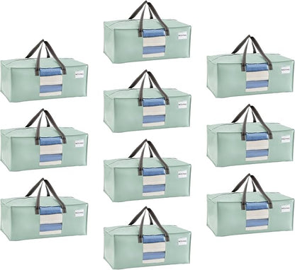 VENO 10 Pack Heavy Duty Moving Bags, Christmas Storage Bins with Lids, Transparent Window Design, Alternative to Moving Boxes, Storage Bags for Clothes, Blankets, Comforters(Shiny Light Green,10 Pack)