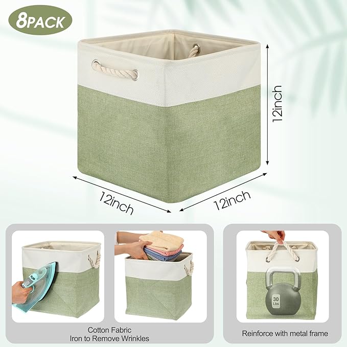 meekoo 8 Pack Collapsible Storage Bins Fabric Storage Bins Polyester Fabric Baskets with Handles Linen Closet Organizer for Shelf Home Closet Towels Toys(12 x 12 x 12 in,Green White)