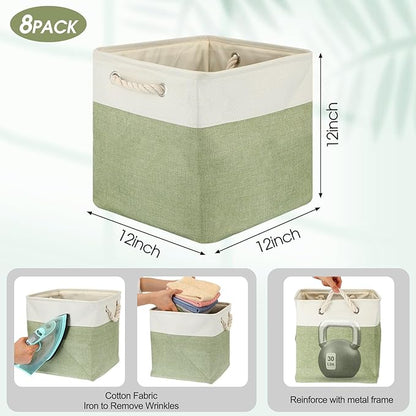 meekoo 8 Pack Collapsible Storage Bins Fabric Storage Bins Polyester Fabric Baskets with Handles Linen Closet Organizer for Shelf Home Closet Towels Toys(12 x 12 x 12 in,Green White)