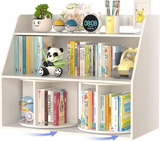NACHES Wooden Kids Bookcase with 2 Rotating Shelves 3 Tier Children Bookshelf Toddler Toys Organizer Multi Functional Wood Storage Bookshelf for Kids Rooms Nursery, White