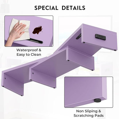 BONTEC Dual Monitor Stand Riser with Smartphone Holder, Adjustable Length & Swivel Angle, Ergonomic Wooden Desktop Organizer for PC Monitor, Laptop, Printer, Large Storage, Purple