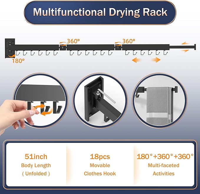 Clothes Drying Rack Wall Mounted,Laundry Rack Wall Wount,Drying Rack Clothing for Laundry,Retractable Dryer Racks,Wall Mounted Drying Rack Collapsible, Black, Sandy Coating,3z-b01