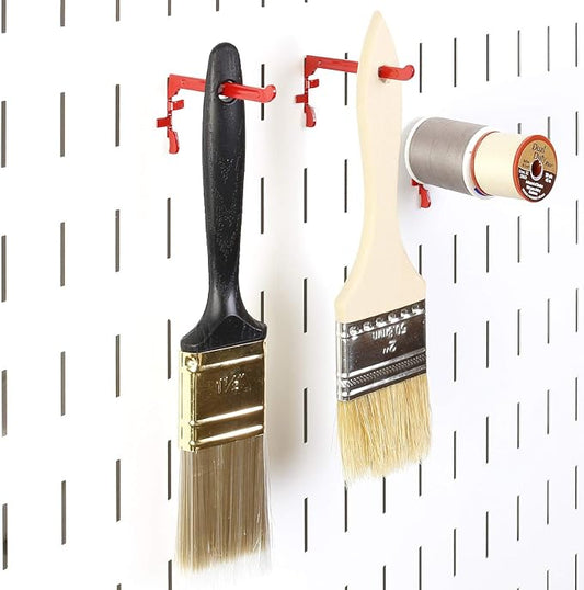Wall Control Paint Brush Hook and Thread Spool Holder Storage Organizer Pegs Metal Pegboard - (4) Pack of Narrow 3.5-Inch Reach Slotted Peg Hooks for Paint Brushes and Spools (Red)