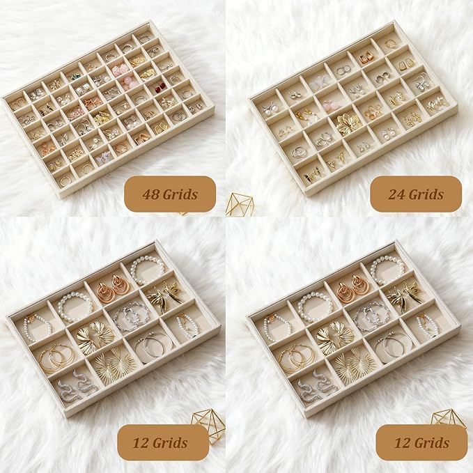 KATISYIO Large Jewelry Drawer Organizer Trays Set of 4, Stackable Velvet Jewelry Trays Organizer Holder Display Storage Showcase for Earring Necklace Bracelet Ring Accessary (Beige, 12+12+24+48 Grids)
