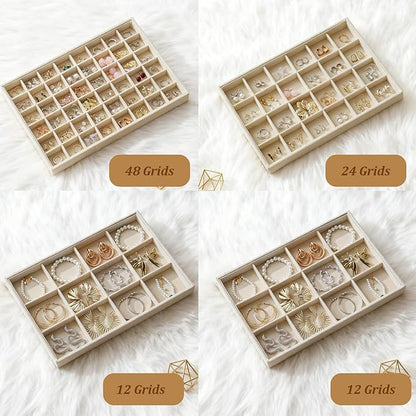 KATISYIO Large Jewelry Drawer Organizer Trays Set of 4, Stackable Velvet Jewelry Trays Organizer Holder Display Storage Showcase for Earring Necklace Bracelet Ring Accessary (Beige, 12+12+24+48 Grids)