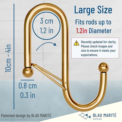 Blau Marité 6-Pack Metal S Hooks for Hanging – Heavy-Duty S-Shaped Hook with Safety Buckle – Fits Bars up to 1.2 in – Anti-Drop S-Hooks for Closet, Wardrobes & Storage – Golden (Large)