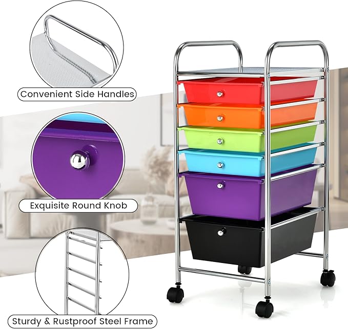 Happygrill 6-Drawer Organizer Cart Tools, Mobile Utility Storage Cart with Removable Drawers & Lockable Wheels, Rolling Storage Cart with Wheels for Home Office,Multicolor