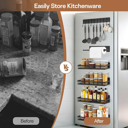 6 Pack Magnetic Shelves for Washing Machine and Fridge, Magnetic Laundry Organizer, Magnetic Fridge Shelves with Versatile Hooks, Paper Towel Holder and Metal Storage Baskets