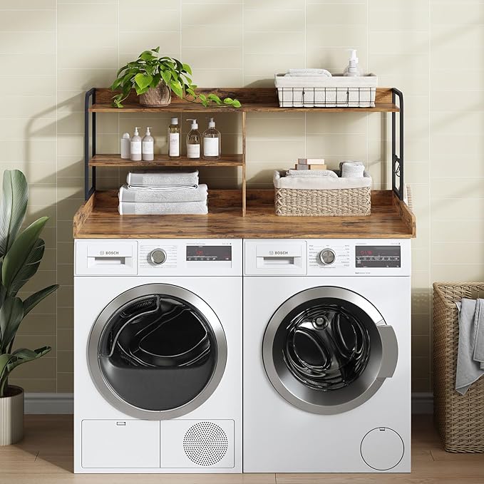 Washer and Dryer Countertop with Shelves, 54" x 27.56" 3 Tiers Large Laundry Topper with 2.95" Edge Rails, Laundry Room Storage and Organization with 2 Hooks and Non-Slip Pads