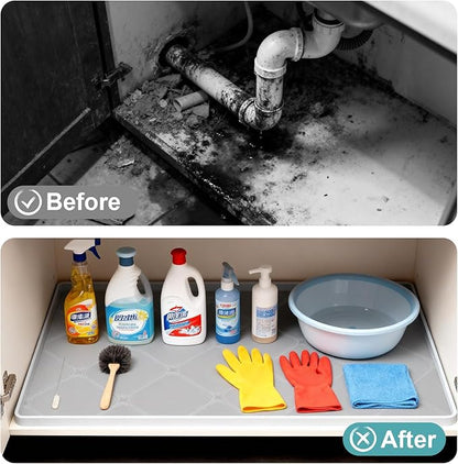 Under Sink Mat, 22" x 19" Inch Leak-Proof Silicone Sink Mat, Non-Slip Cabinet Liner & Counter Protector for Kitchen Bathroom, Waterproof Heat Resistant Easy to Clean.
