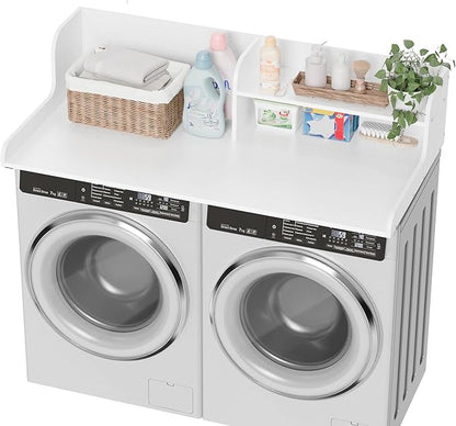 DTK Washer Dryer Wood Countertop with Shelf, Laundry Topper with Non-Slip Mat,27.55" Depth x 54" Width Dryer Covers for The Top with Edge Rails (White)
