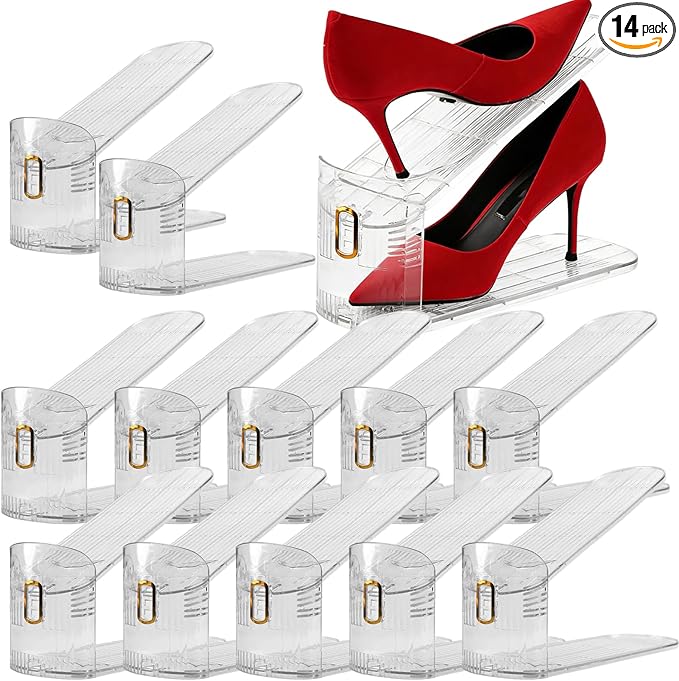 HOIGON 14 Pack Clear Shoe Slots Organizer, Adjustable Double Deck Shoe Rack, Stackable Design for Closet and Store, Space-Saving Shoe Display