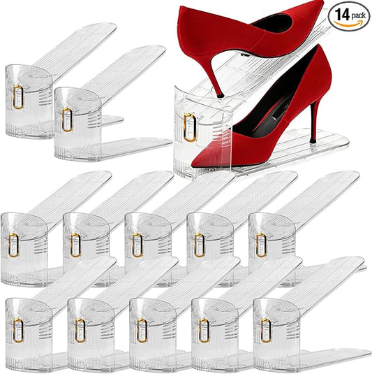 HOIGON 14 Pack Clear Shoe Slots Organizer, Adjustable Double Deck Shoe Rack, Stackable Design for Closet and Store, Space-Saving Shoe Display