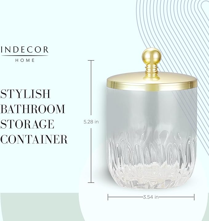 Indecor Home Clear Transparent Apothecary Vertical Wavy Glass Jar With Gold Metal Lid Cover for Bathroom Organization, Cotton Balls, Q Tips, and Small Accessories, Bathroom Storage