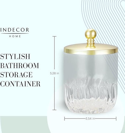 Indecor Home Clear Transparent Apothecary Vertical Wavy Glass Jar With Gold Metal Lid Cover for Bathroom Organization, Cotton Balls, Q Tips, and Small Accessories, Bathroom Storage