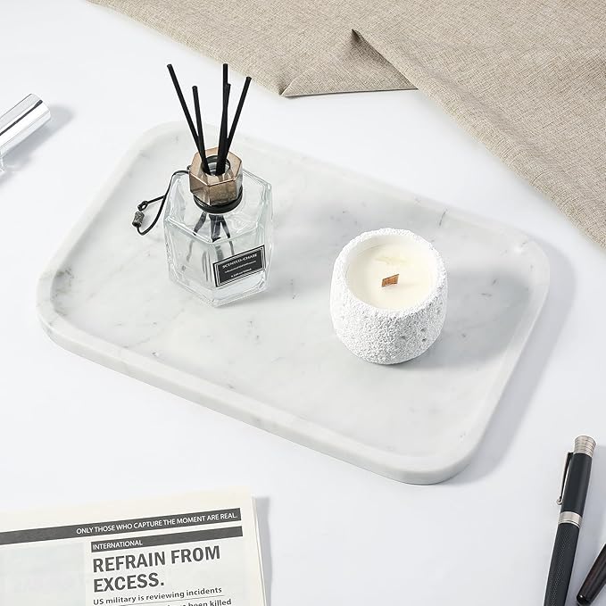 Koville Marble Tray, 12"x8" Marble Vanity Tray for Countertop Bathroom Kitchen Dresser, Decorative Catchall Trays for Perfume Jewelry, Rectangular Stone Serving Tray(Bianco Carrara)