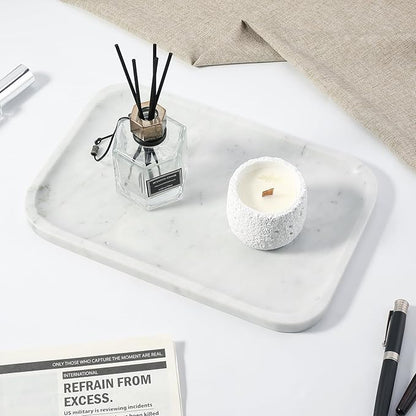 Koville Marble Tray, 12"x8" Marble Vanity Tray for Countertop Bathroom Kitchen Dresser, Decorative Catchall Trays for Perfume Jewelry, Rectangular Stone Serving Tray(Bianco Carrara)