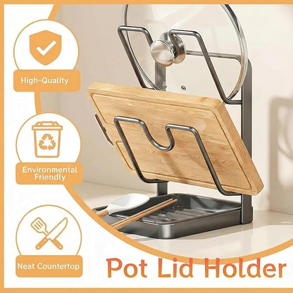 Kitchen Pot Lid Storage Rack, 304 Stainless Steel Pot Lid Holder While Cooking Spoon Holder & Removable Drip Tray, Pan Lid Organizer for Kitchen Countertop (Gray - Single Layer)