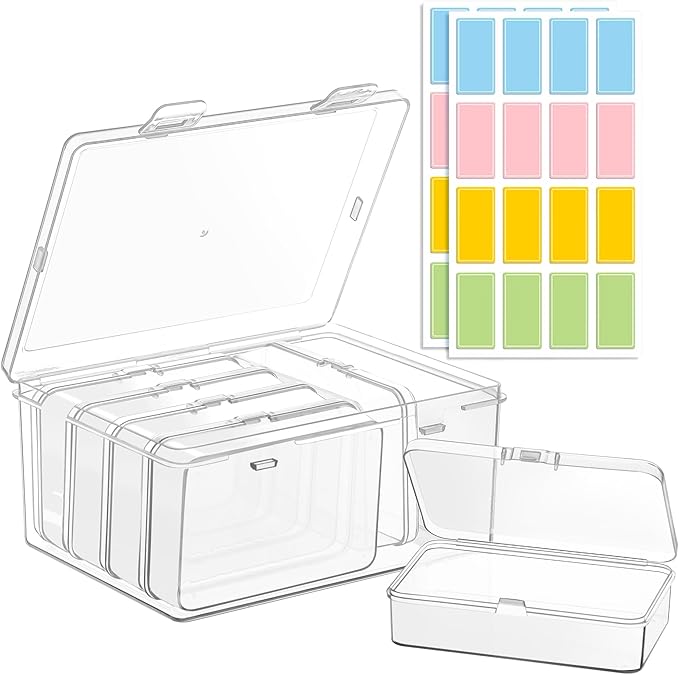 6-Pack Large Clear Plastic Storage Boxes with Master Case – Business Card Organizer System for 500+ Cards, Portable Hard Cases for USB Drives, Crayons, 3" Hardware & Crafts – 3.8" x 2.6" x 1"