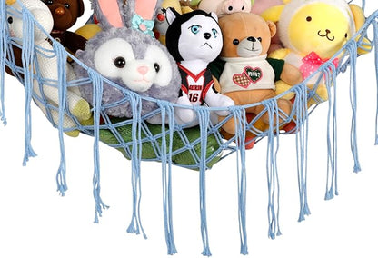 Stuffed Animal Hammock Corner, Hand-knitted Large Plushie Net Toy Hammock with Wooden Rings | Boho Cute Stuff Animal Storage for Nursery & Bedroom | Mesh Kids Toy Organizer Holder Nursery Room Decor