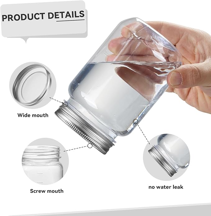 novelinks 16 oz Clear Plastic Jars with Lids, Refillable 16oz Mason Jars with Lids & Storage Containers for Kitchen & Household Use (10 Pack,Silver)