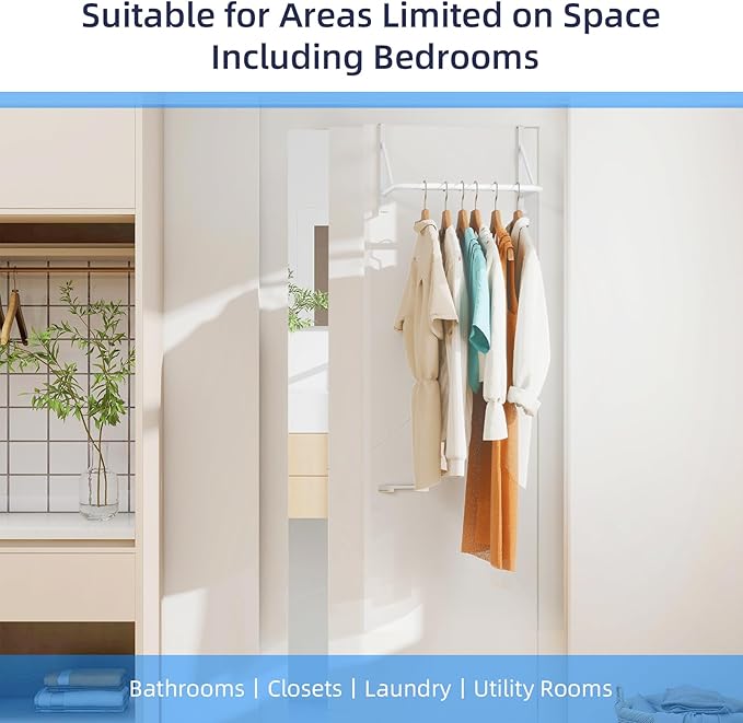 Over The Door Hanger for Clothes, Stainless Door Hangers for Clothing, Over The Door Clothes Drying Rack for laundry, Over Door Hanger Organizer with 2 Hooks for Hanging Towels & Coats, White