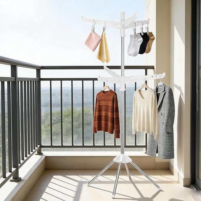 2-Layer Rotatable & Foldable Clothes Drying Rack 75" Stainless Steel Laundry Drying Tree with 6 Rotatable Arms, 4-Leg Free-Standing Hanger Stand for Indoor, Balcony, and Laundry Room