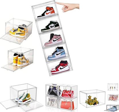 Acrylic Shoe Storage Boxes – Clear Plastic Stackable Shoe Organizer For Closet, Space Saving Shoe bins With Magnetic Doors 2 Lids Open For Sneakers, Trainers, Pumps, Heels, Flats (Clear - 8 Pack)