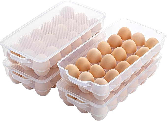 Clear Plastic Egg Holder for Refrigerator, Stackable Egg Storage Trays With Lid & Handles, Plastic Egg Box Carrier 4 Pack, BPA-Free Egg Storage Container for 18 Eggs