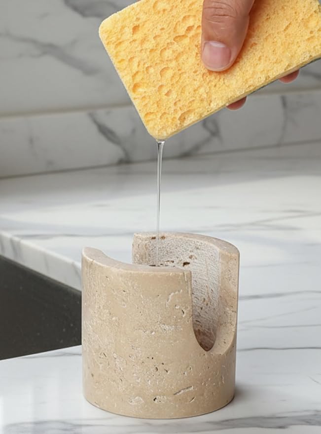 BekPooQ Luxury Travertine Sponge Holder – Fast-Drying, Rust-Proof Kitchen Sink Caddy, Non-Slip Base, Compact Stone Sponge Caddy for Kitchen Sink Counter, for Modern & Farmhouse Homes, Beige
