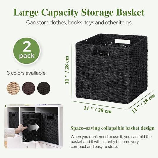 Woven Wicker Storage Baskets 2-Pack, 11x11 Handwoven Paper Rope Organizer Bins, Foldable Cube Storage Cubes with Built-in Handles for Shelves and Closet Organization(Classic Black)
